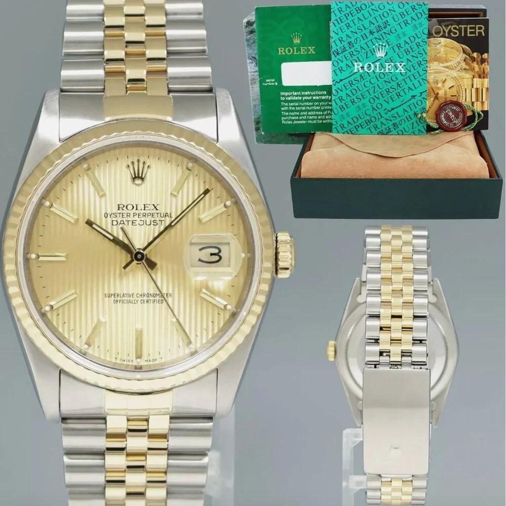 MINT Rolex DateJust Two Tone Yellow Gold 36mm Champagne Watch With Box
